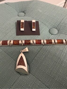 Sterling Silver Amber Inlay Bracelet and Pendant Set - Brown Amber